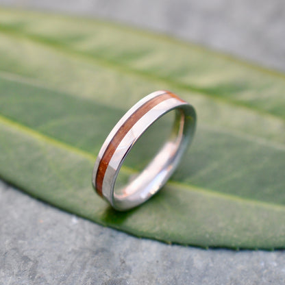 Mens white gold wood wedding band with bourbon barrel