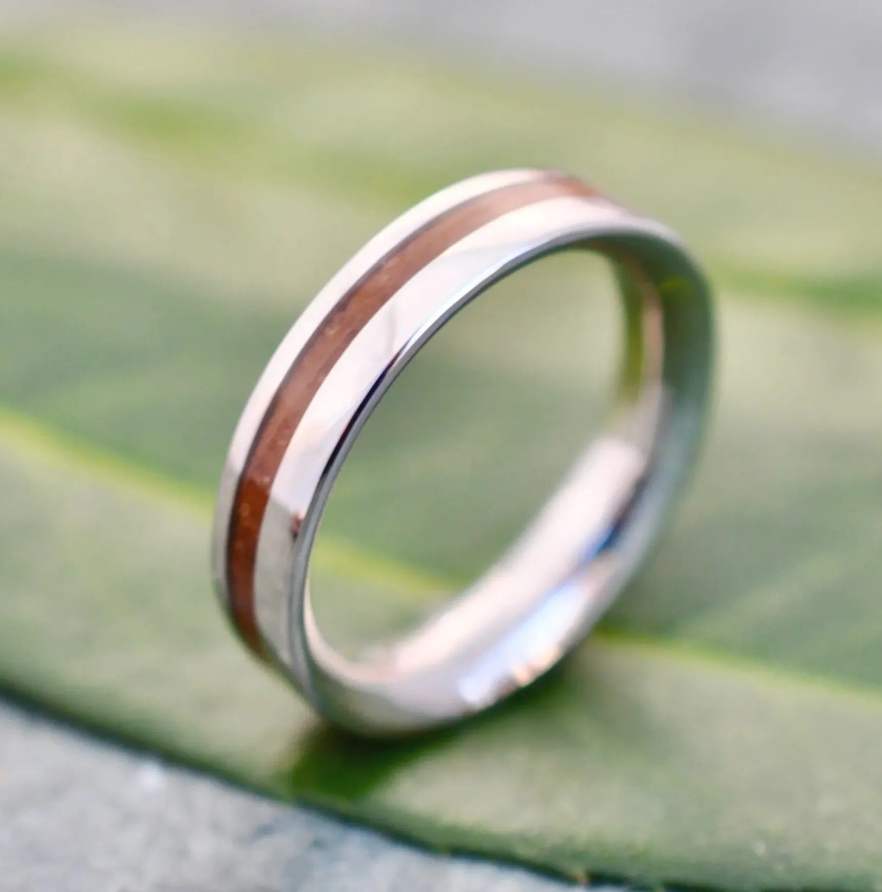 Bourbon barrel wedding band with 14k white gold, Equinox design