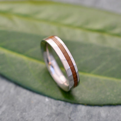 Side view of mens bourbon barrel wood ring with white gold