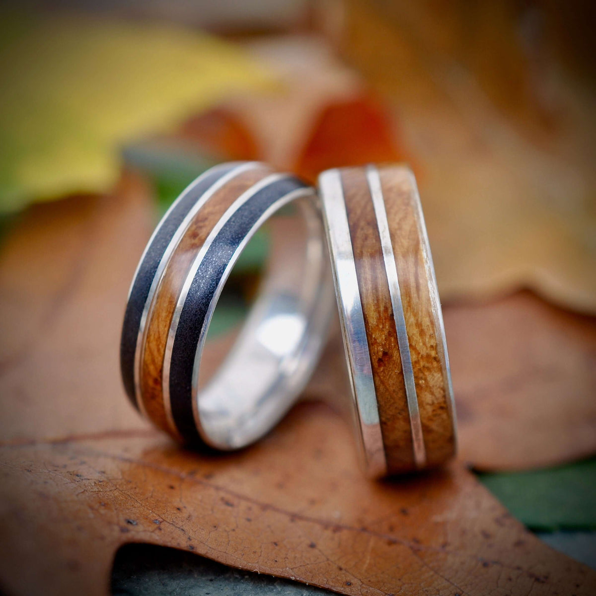 Mens bourbon barrel wedding band with titanium sand and sterling silver