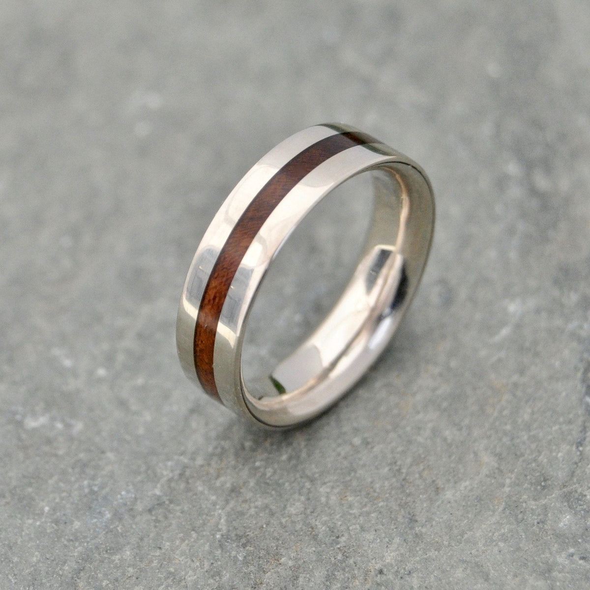 Centro Nacascolo Wood Ring featuring nacascolo wood inlay and sterling silver edges, handmade in Louisville KY.