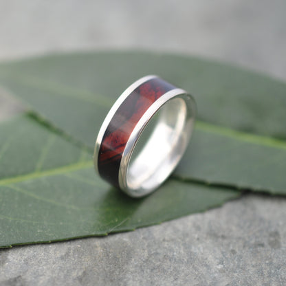 Wooden wedding ring with cocobolo wood inlay and white gold edges, unique wood band