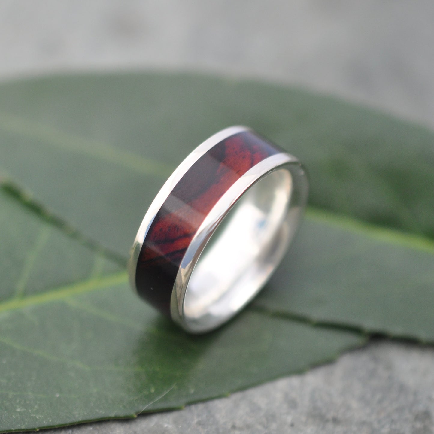 Wood wedding band with cocobolo wood inlay and recycled white gold with comfort fit handmade in Louisville, Kentucky