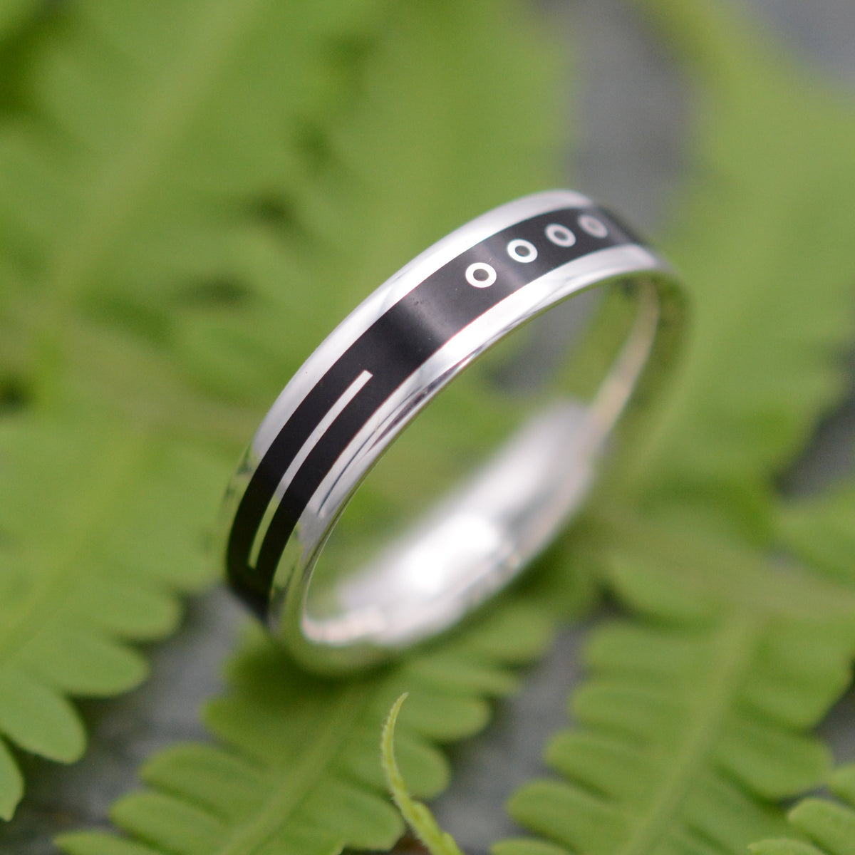 Custom wood and silver ring with Mayan numerology symbols and black coyol seed