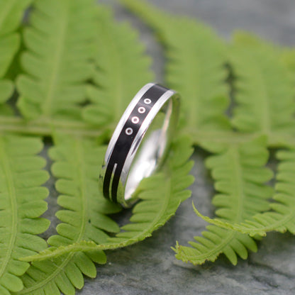 Sustainable custom wood ring with Mayan numerology and recycled silver