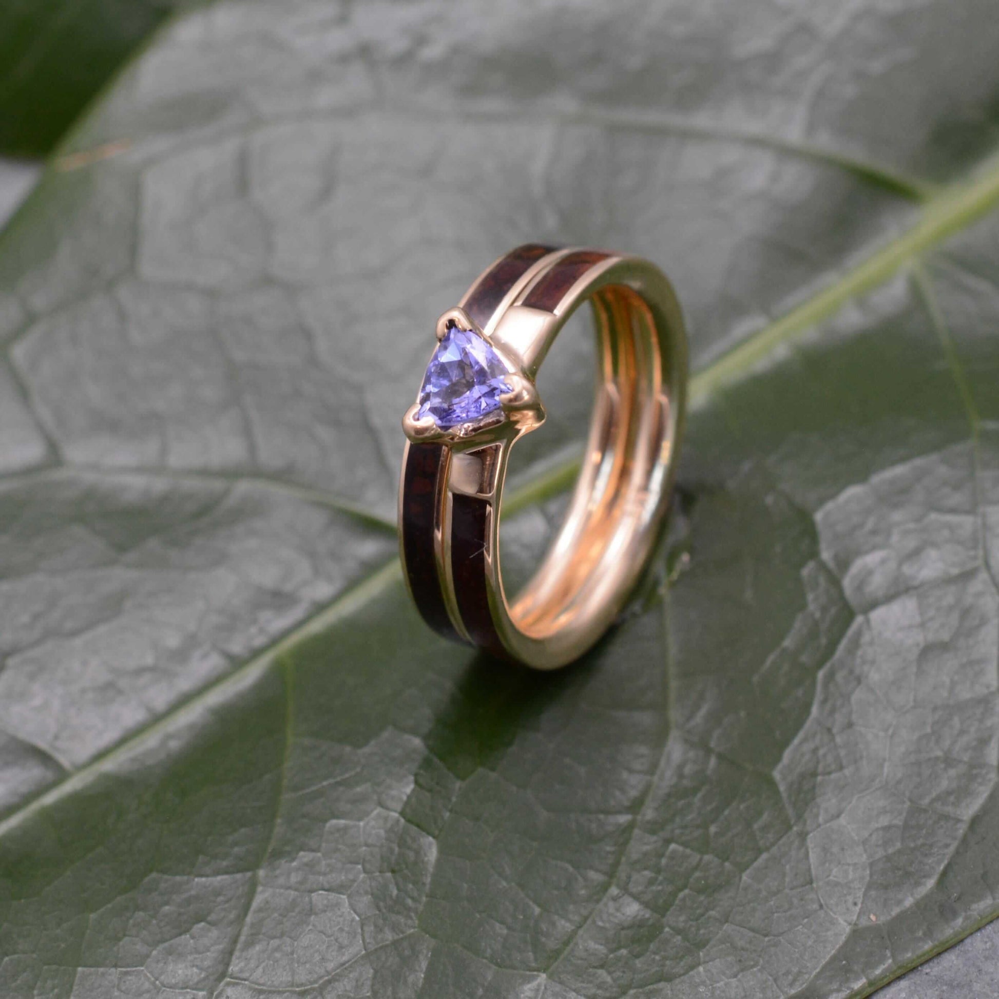 Koa Wood Engagement Ring with Trillion Cut Tanzanite and 14k Yellow Gold - unique wood wedding band, handmade in Louisville KY