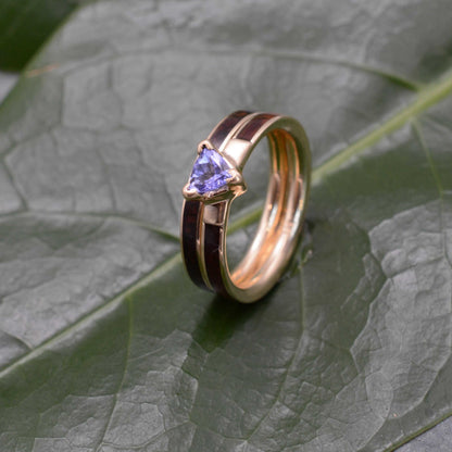 Koa Wood Engagement Ring with Trillion Cut Tanzanite and 14k Yellow Gold - unique wood wedding band, handmade in Louisville KY