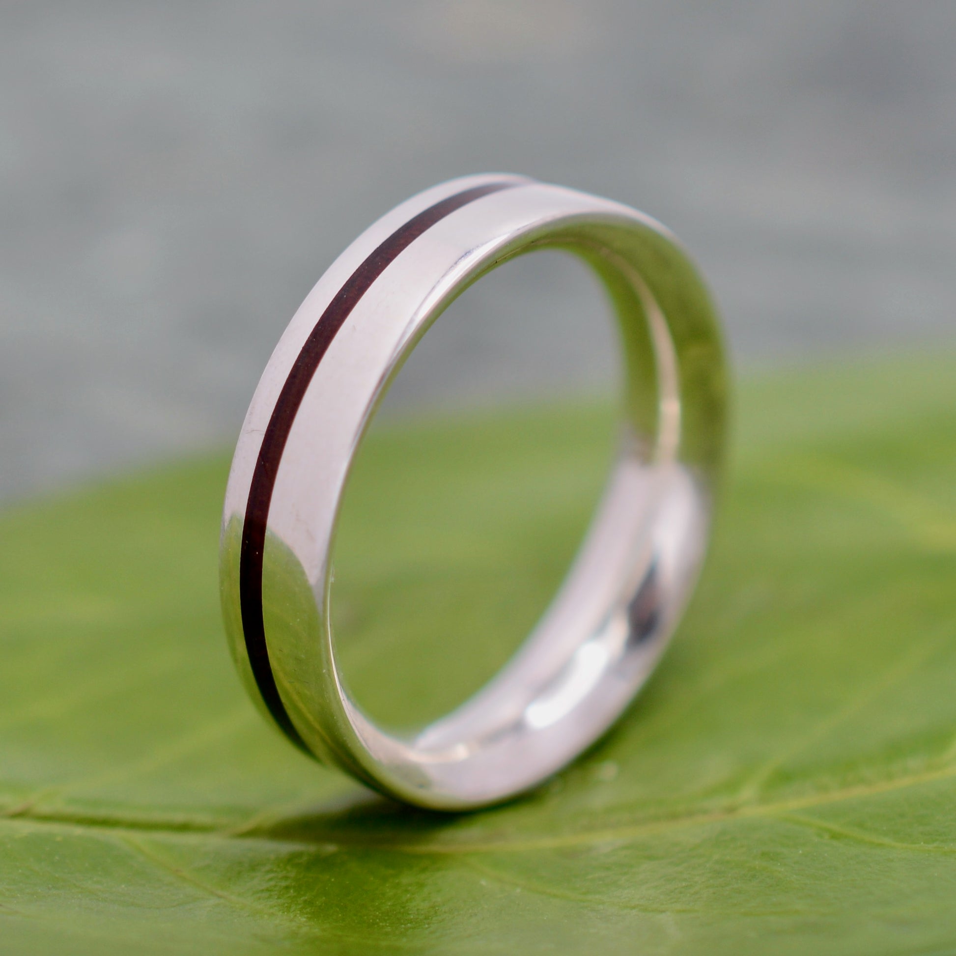 Ethically made mens wood wedding band with nacascolo and recycled silver