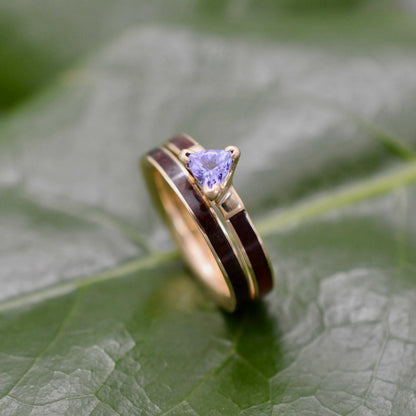 Koa Wood Engagement Ring with Trillion Cut Tanzanite and 14k Yellow Gold, unique wood wedding band, handmade in Louisville KY.
