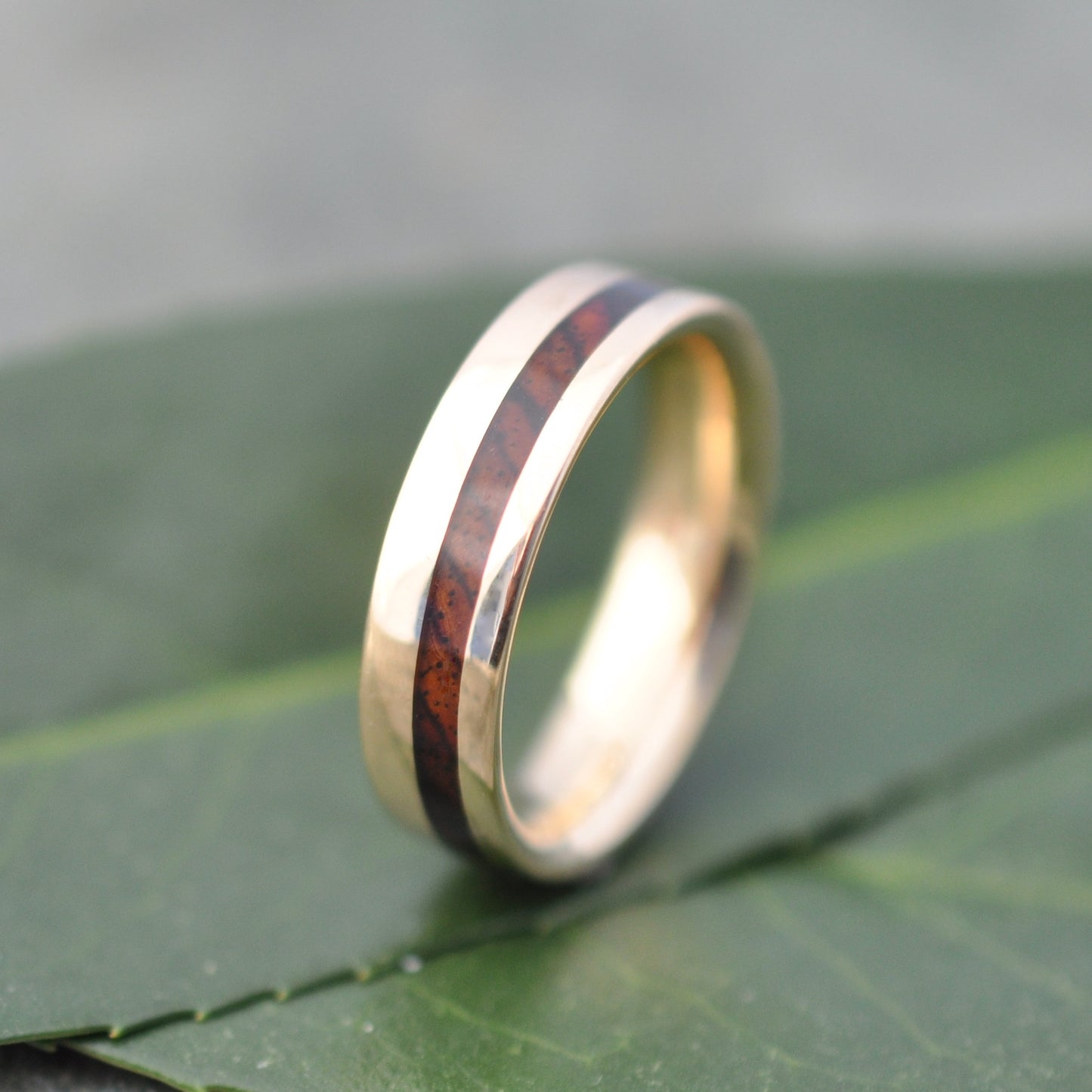 Recycled Yellow Gold Wood Wedding Band with Cocobolo Wood