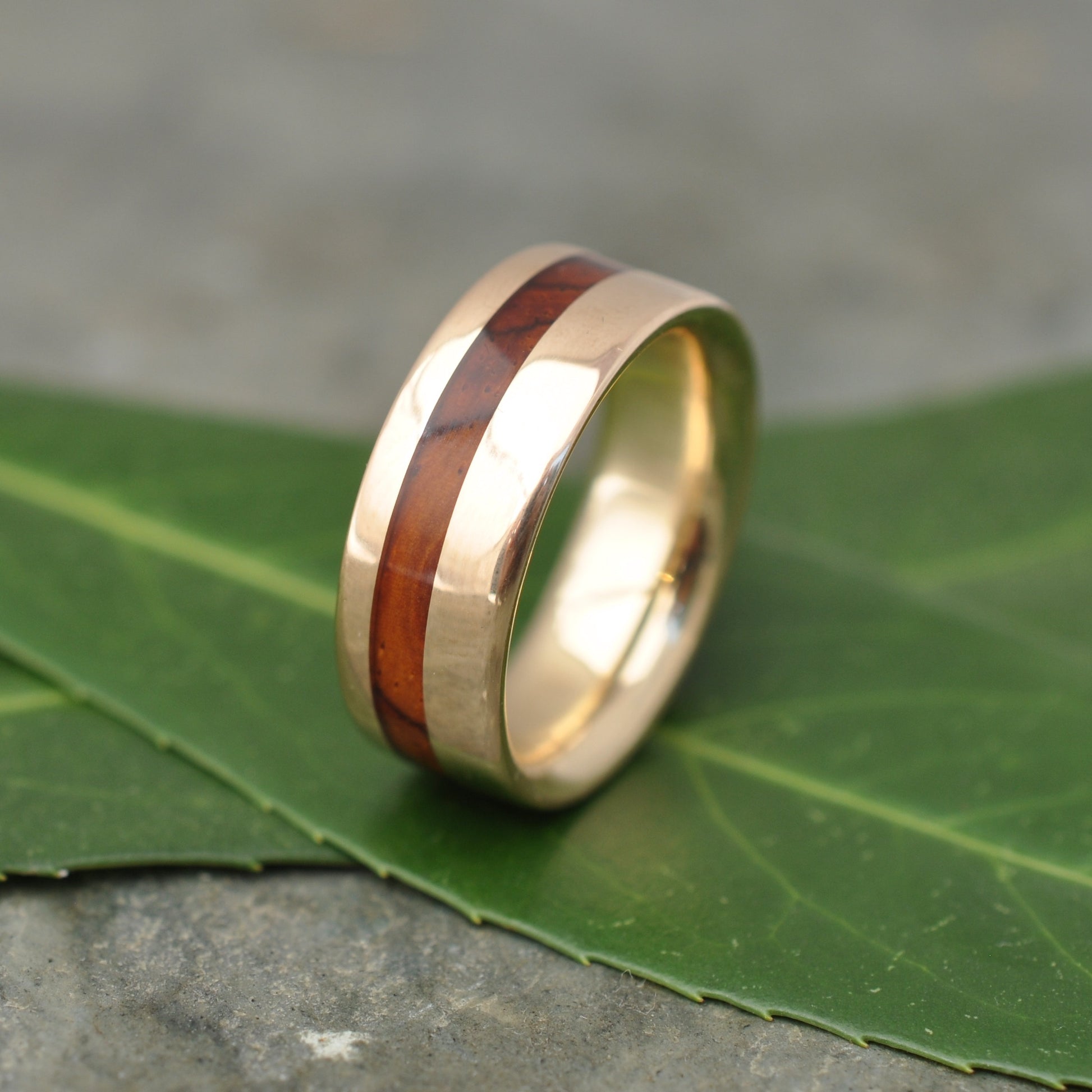 wide wood wedding ring with 14k solid gold and cocoblo wood
