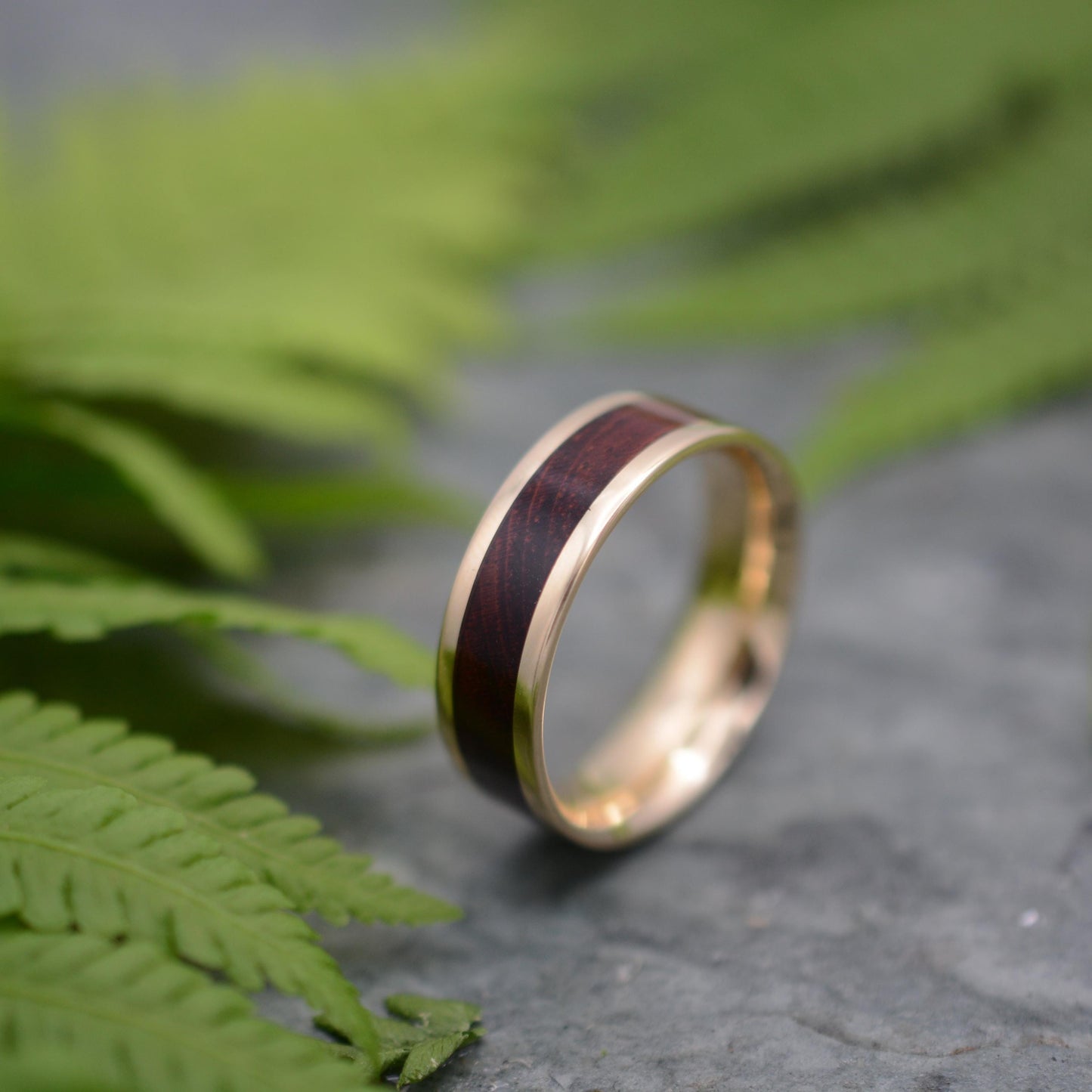 Handmade Lados wood ring with sustainably harvested Guapinol and recycled yellow gold