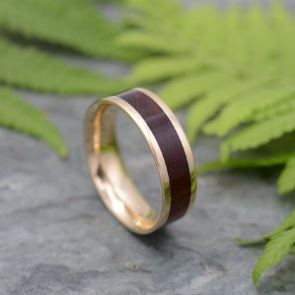 Gold and wood wedding ring with guapinol and 14k recycled yellow gold by Naturaleza Organic Jewelry