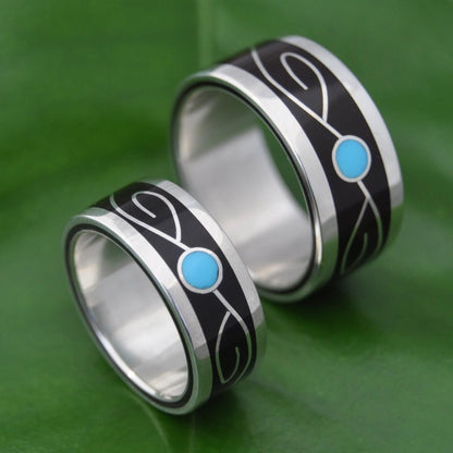 Turquoise center ring with sterling silver vine leaf inlay and black coyol