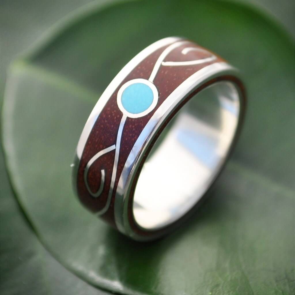 Ethically made turquoise vine inlay ring with black coyol and silver