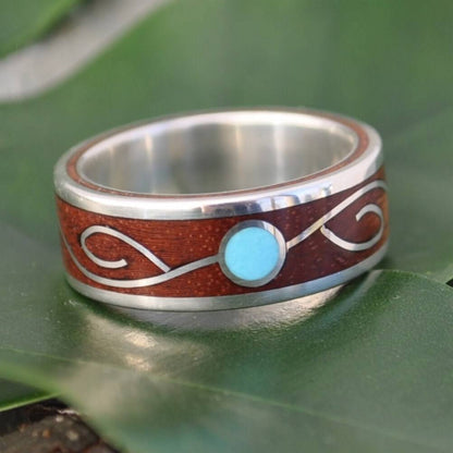 Custom turquoise wood ring with sterling silver vine inlay, made to order