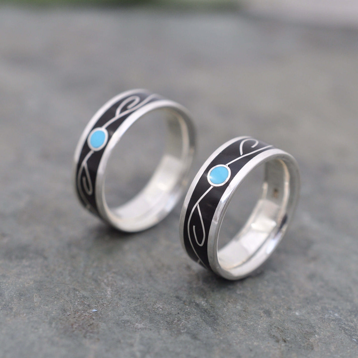 Handmade wood ring with turquoise vine inlay and recycled sterling silver