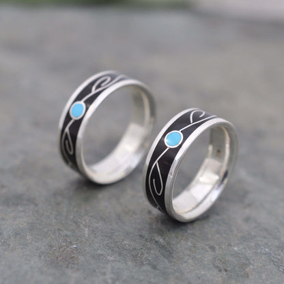 Handmade wood ring with turquoise vine inlay and recycled sterling silver