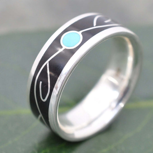 Wood and silver ring with turquoise vine inlay and black coyol, Vida design