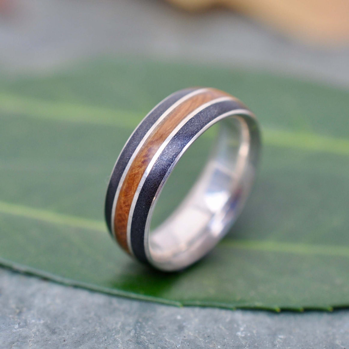 Bourbon barrel wedding band set showing 5mm and 7mm widths