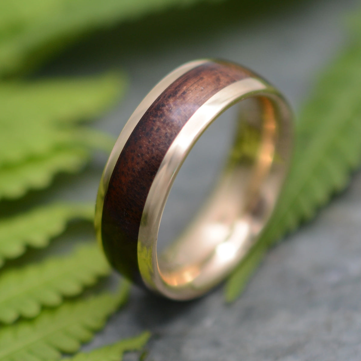 Mens Wood Wedding Band with Walnut Wood and 14k Yellow Gold, Round Profile, Lados