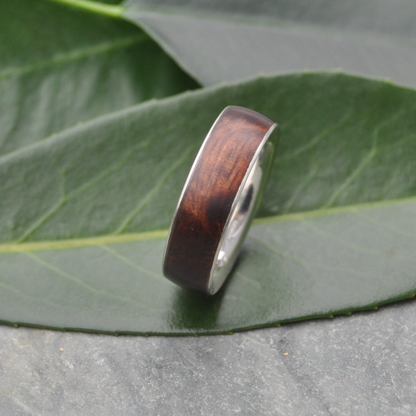 Sustainable koa and silver wedding ring with comfort fit band