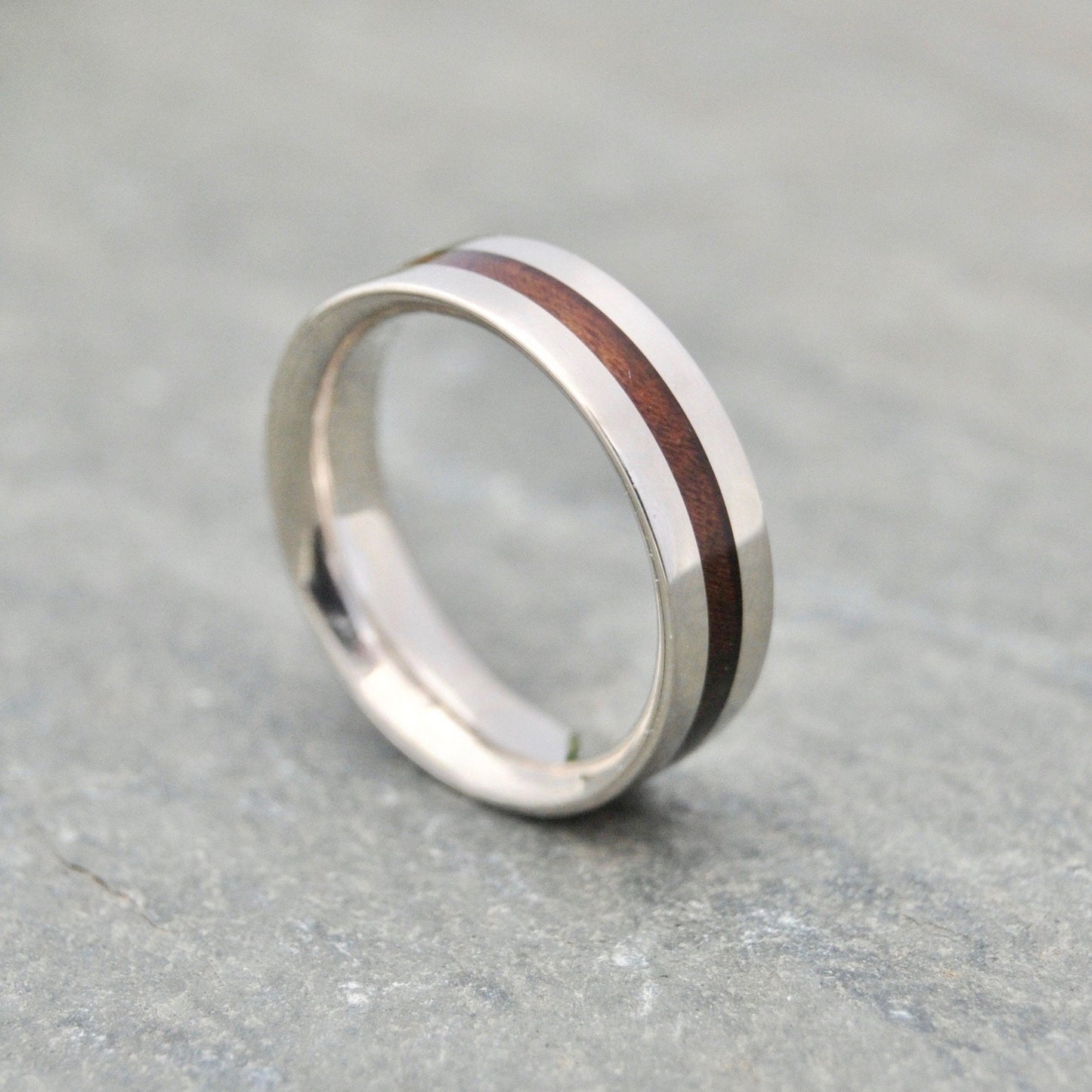 Centro Nacascolo Wood Ring featuring nacascolo wood inlay and sterling silver edges, handmade in Louisville KY.