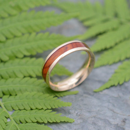 a gold ring with a wooden inlay sits on a fern leaf