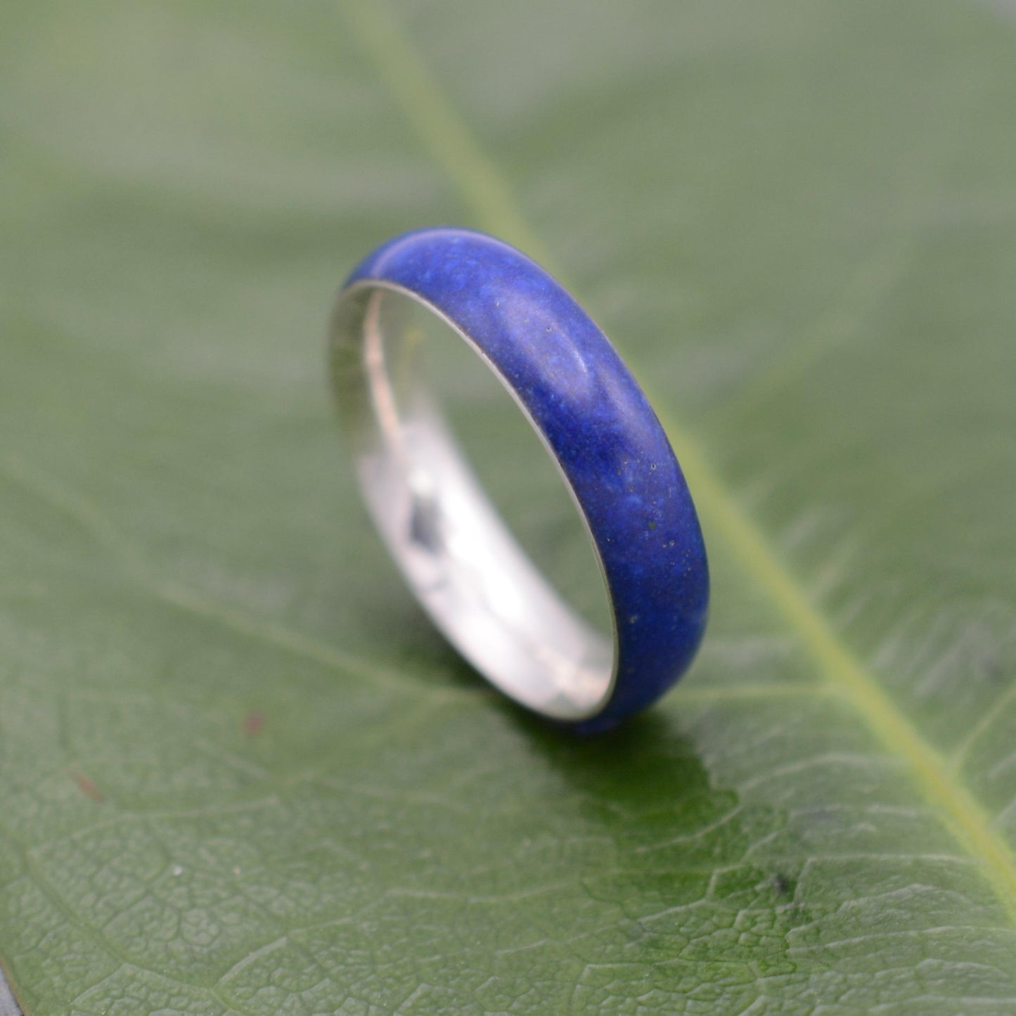 a blue ring sitting on top of a green leaf