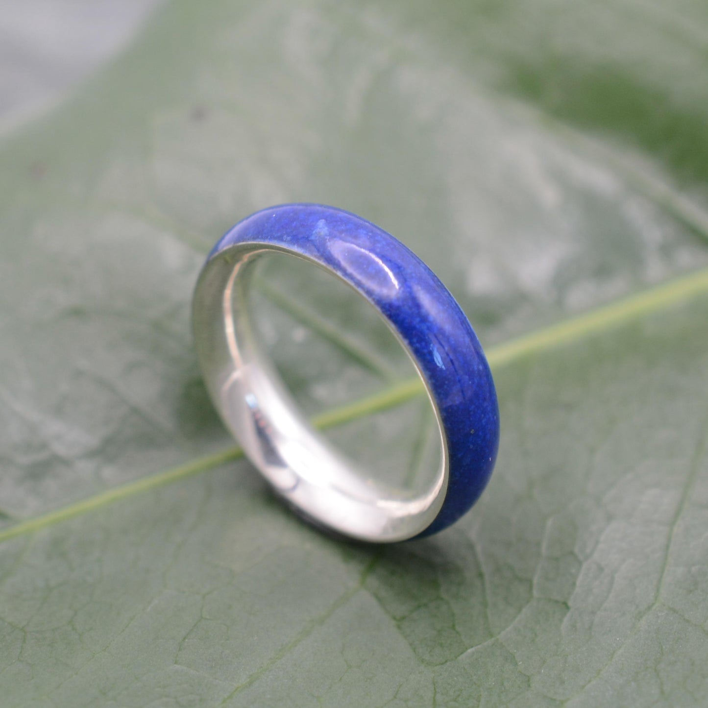 a blue ring sitting on top of a green leaf