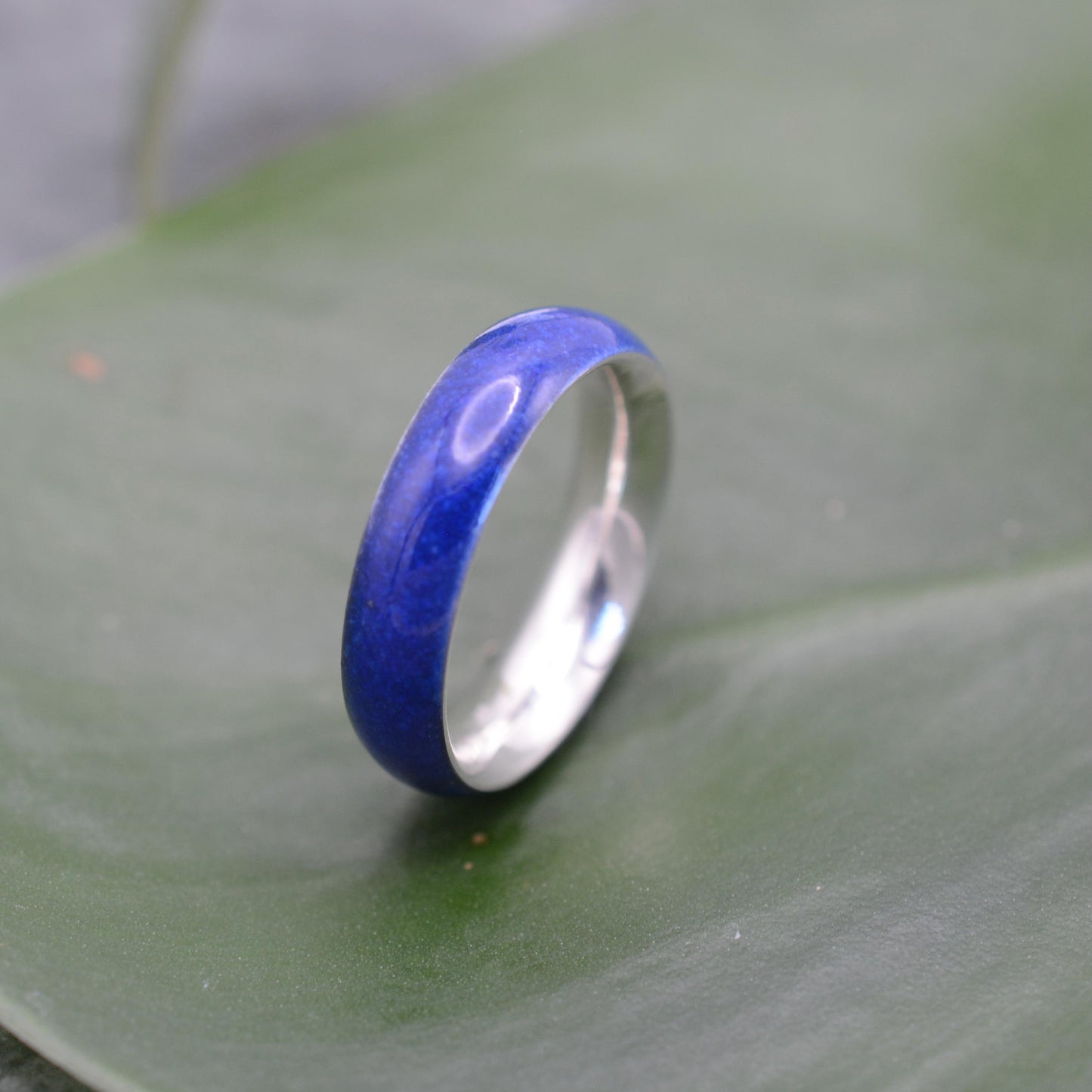 a blue ring sitting on top of a green leaf