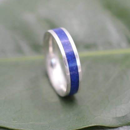 a wedding ring with a blue stripe on top of a leaf