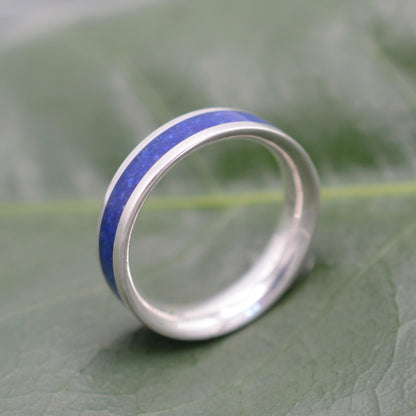 a silver ring with a blue stripe on a green leaf
