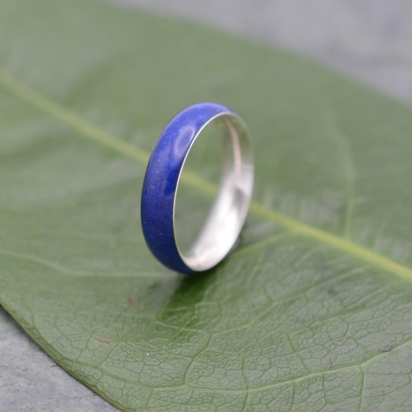 a blue ring sitting on top of a green leaf