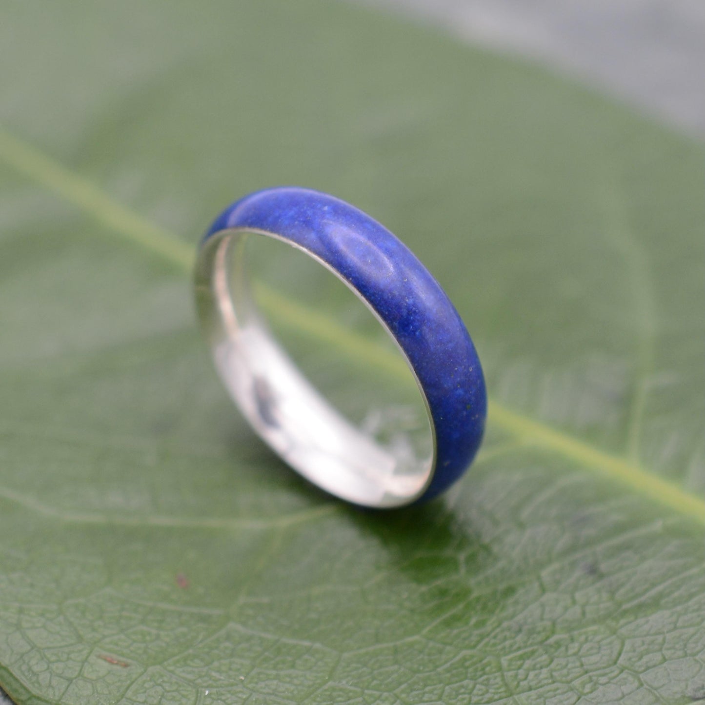 a blue ring sitting on top of a green leaf