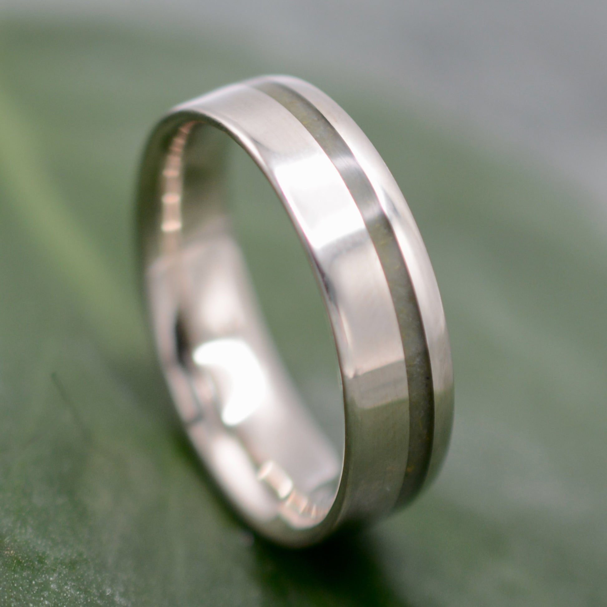 Jade wedding band with 14k recycled white gold, Equinox design, handmade in Kentucky