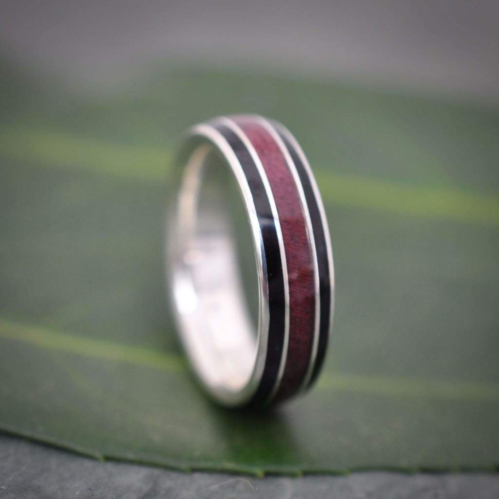 Purpleheart Wood Inlay Ring, Juntos Wood Ring, Black Wood Inlay Ring, Recycled Sterling Silver Wood Ring, Eco-friendly Wooden Wedding Band - Naturaleza Organic Jewelry & Wood Rings