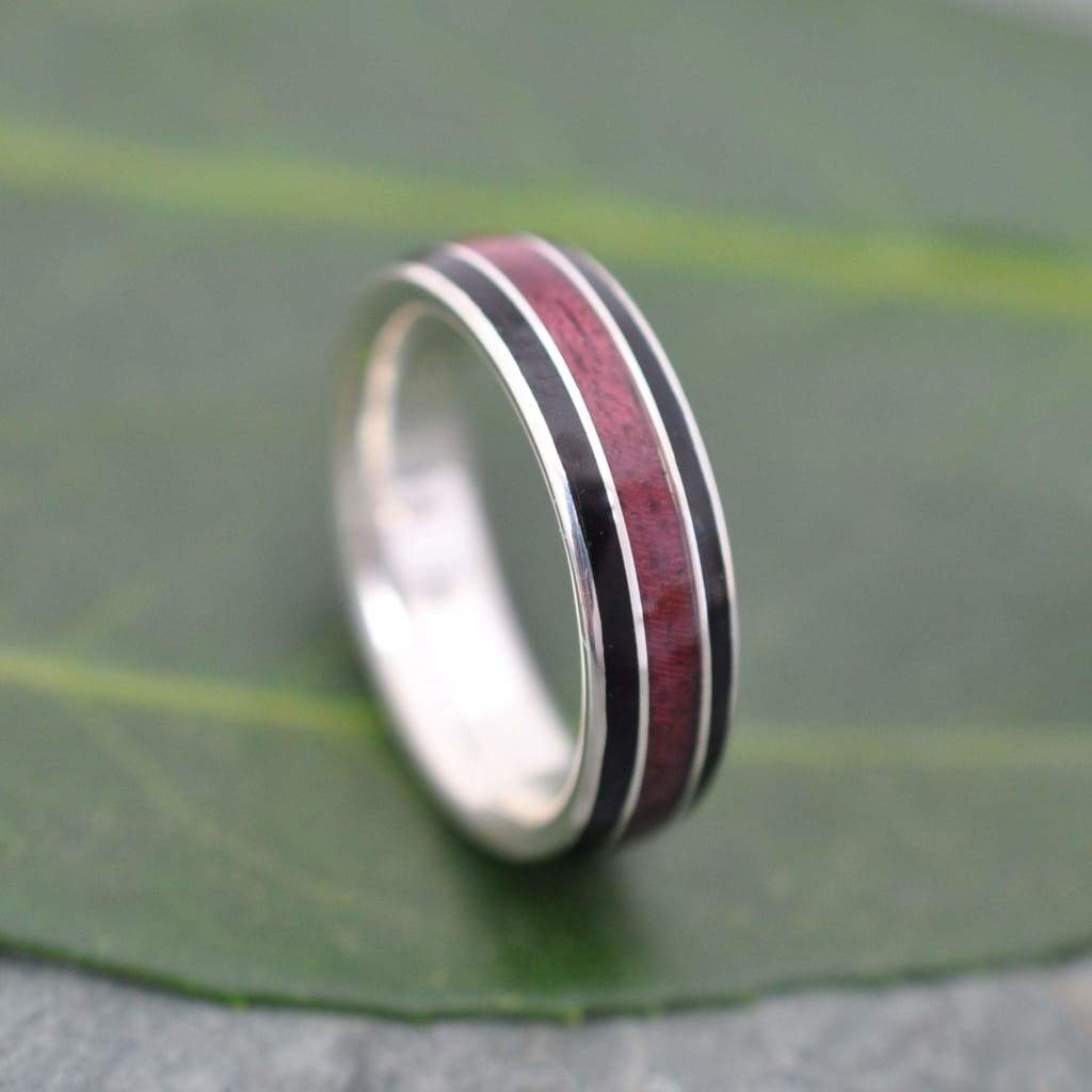 Purpleheart Wood Inlay Ring, Juntos Wood Ring, Black Wood Inlay Ring, Recycled Sterling Silver Wood Ring, Eco-friendly Wooden Wedding Band - Naturaleza Organic Jewelry & Wood Rings