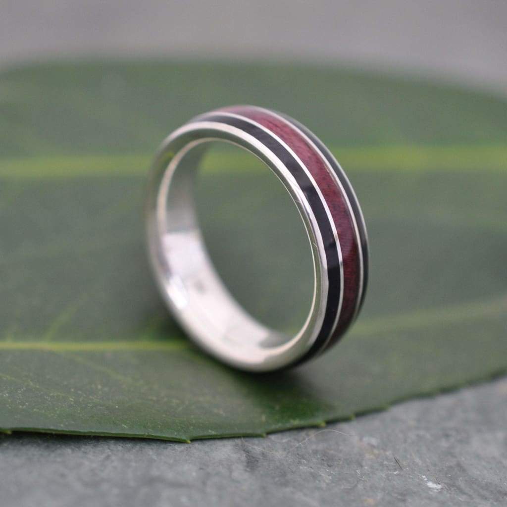 Purpleheart Wood Inlay Ring, Juntos Wood Ring, Black Wood Inlay Ring, Recycled Sterling Silver Wood Ring, Eco-friendly Wooden Wedding Band - Naturaleza Organic Jewelry & Wood Rings