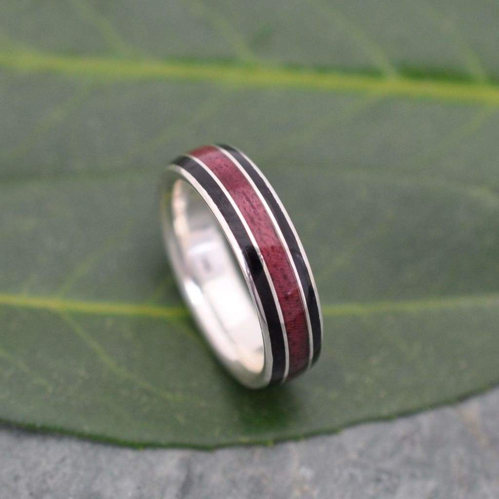 Purpleheart Wood Inlay Ring, Juntos Wood Ring, Black Wood Inlay Ring, Recycled Sterling Silver Wood Ring, Eco-friendly Wooden Wedding Band - Naturaleza Organic Jewelry & Wood Rings