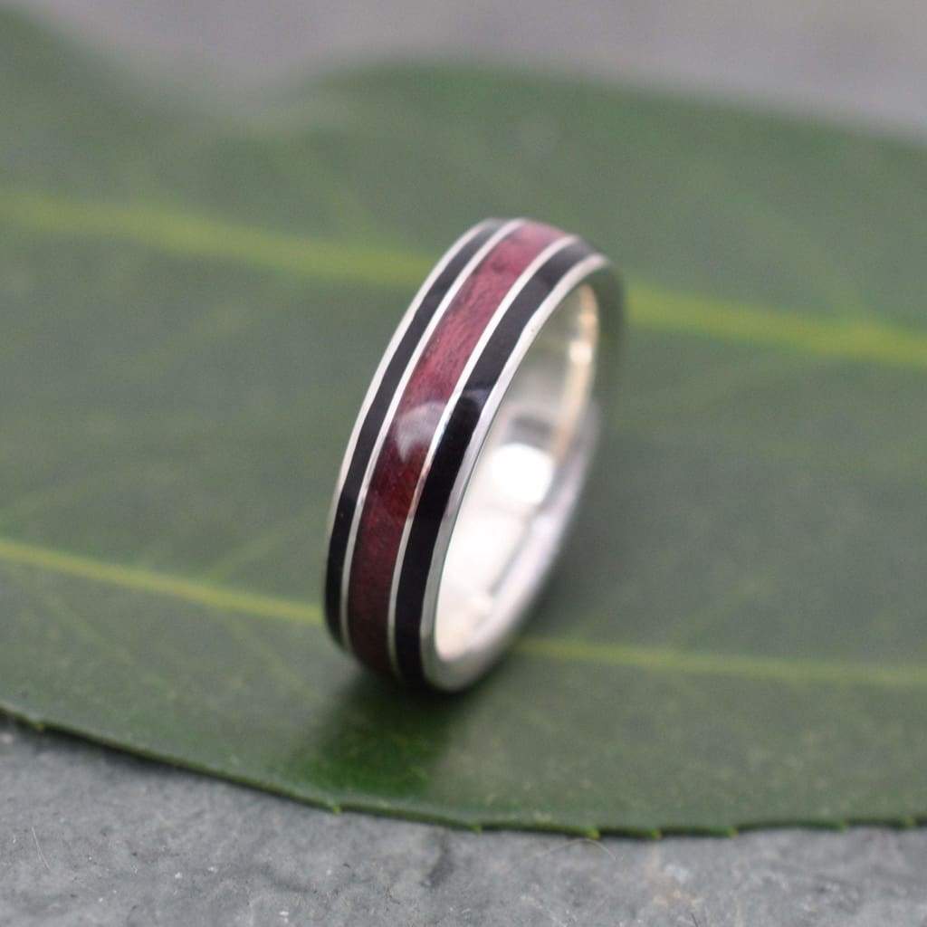 Purpleheart Wood Inlay Ring, Juntos Wood Ring, Black Wood Inlay Ring, Recycled Sterling Silver Wood Ring, Eco-friendly Wooden Wedding Band - Naturaleza Organic Jewelry & Wood Rings