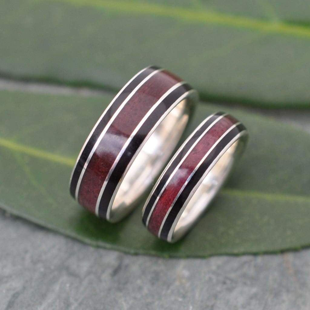 Purpleheart Wood Inlay Ring, Juntos Wood Ring, Black Wood Inlay Ring, Recycled Sterling Silver Wood Ring, Eco-friendly Wooden Wedding Band - Naturaleza Organic Jewelry & Wood Rings