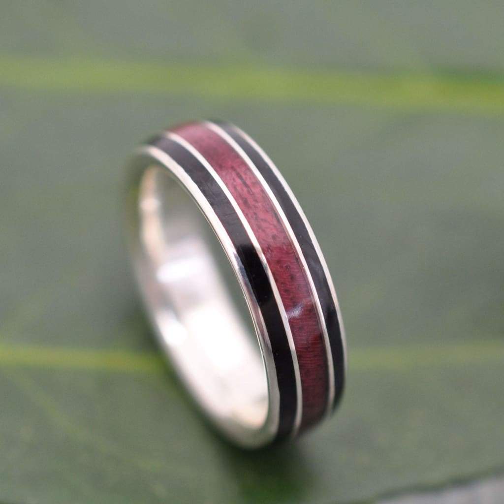 Purpleheart Wood Inlay Ring, Juntos Wood Ring, Black Wood Inlay Ring, Recycled Sterling Silver Wood Ring, Eco-friendly Wooden Wedding Band - Naturaleza Organic Jewelry & Wood Rings