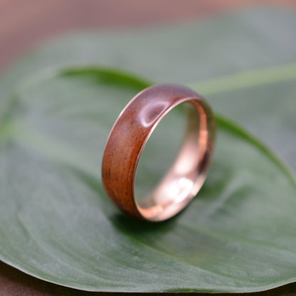 Sustainable wood wedding band with koa wood and rose gold 