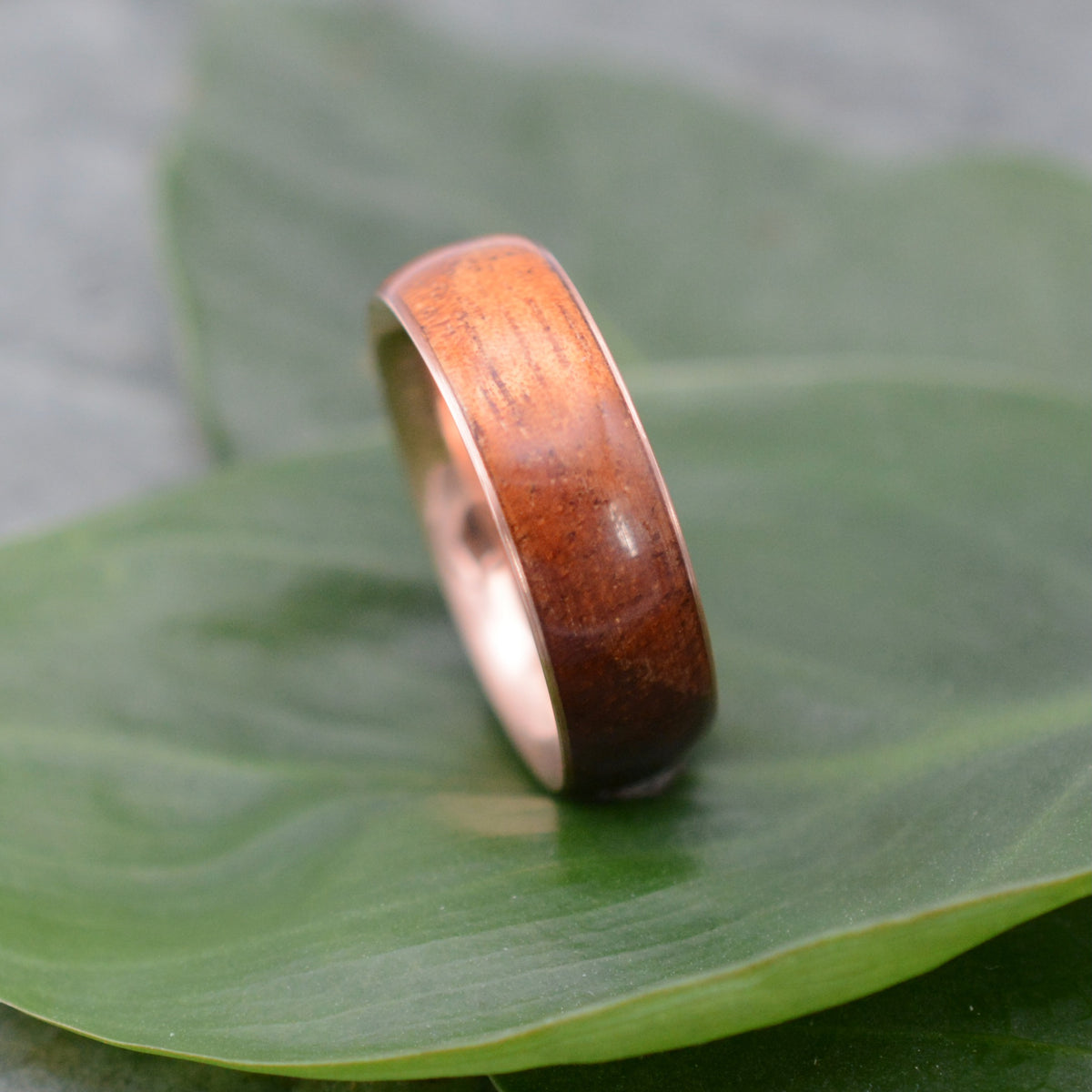 Custom koa wedding band with 14k solid rose gold 