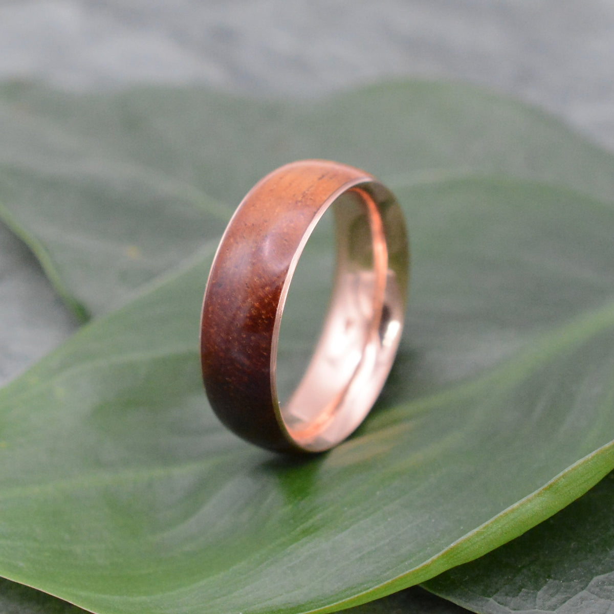 Mens koa wood wedding ring with 14k rose gold 