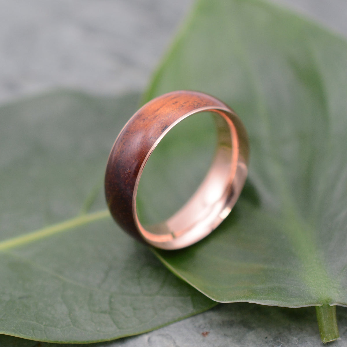 Rose Gold Wood Wedding Band with Koa Wood 