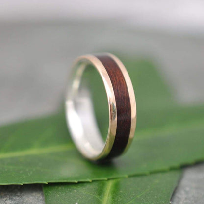 Comfort Fit Yellow Gold and Silver Wood Ring Lados Nacascolo, Eco friendly Gold Wood Wedding Band, 14k Gold Wooden Ring, Recycled Gold Ring