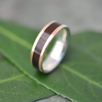 Comfort Fit Yellow Gold and Silver Wood Ring Lados Nacascolo, Eco friendly Gold Wood Wedding Band, 14k Gold Wooden Ring, Recycled Gold Ring