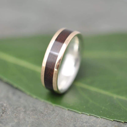 Comfort Fit Yellow Gold and Silver Wood Ring Lados Nacascolo, Eco friendly Gold Wood Wedding Band, 14k Gold Wooden Ring, Recycled Gold Ring